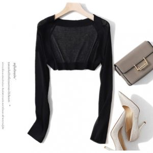 เสื้อคาร์ดิแกนถักแขนยาวบางๆ สำหรับผู้หญิง ช่วงฤดูร้อน 2023 เสื้อคลุมยาวคลุมไหล่แบบสวมหัว แขนยาว ชุดเดรสยาวคลุมเข่า