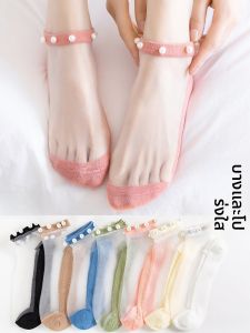 JINGCHI | ถุงเท้าผู้หญิงตาข่ายลูกไม้โปร่งใสแบบบางฤดูร้อน ถุงเท้าผ้าไหมคริสตัลแบบลำลอง ถุงเท้าผ้าฝ้ายระบายอากาศได้ดี