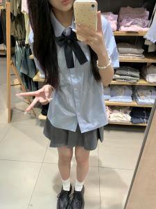 Áo Sơ Mi Nữ Tay Ngắn Dáng Rộng Màu Xanh Lam Phong Cách Hàn Quốc Thiết Kế Mỏng Xếp Ly Ngọt Ngào Mùa Hè Thường Ngày