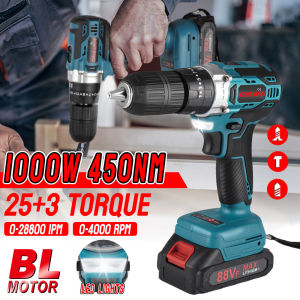 （free gift）1000W 450NM Brushless Hammer Drill Impact 88Vf Battery 25+3 Torque 3 Function Cordless Electric Screwdriver Power Tool For Makita 18v Battery