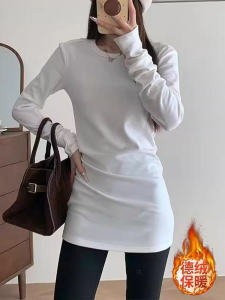 White Mid-Length Fleece Double-Sided Slimming Warm Long Sleeve Base Shirt Womens Top Korean Style Commute Fashion