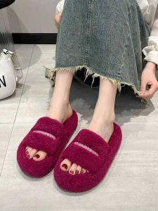 Womens Furry Slippers Autumn Winter Outdoor Wear Thick Bottom Heightening Fleece Lined Slip-On Shoes Cotton Slippers