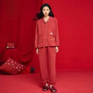 LUNILAI | 2023 New Red Zodiac Year Long Sleeve Couple Wedding Home Clothes Set Mens Style Simple Knitted Fabric Casual Cotton Blend