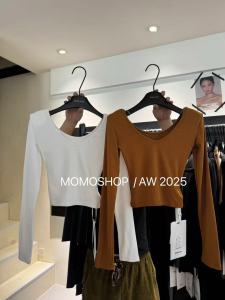 Slim Fit Long Sleeve V-Neck T-Shirt Womens Base Shirt Shoulder Pads Korean Style Autumn New Design Cotton Blend Top