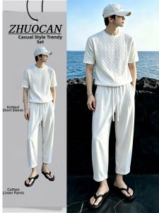 ZHUOCAN | Mens Summer Casual Ice Silk Knit T-Shirt Mens Old Money Cotton and Linen 9/10 Pants