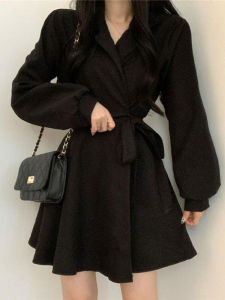 ชุดเดรสผ้าคอร์ดูรอยทรงเอเอวสูงสไตล์เกาหลีสำหรับผู้หญิง กระโปรงยาวปานกลางแขนยาวคอเหลี่ยม