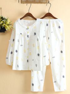 Pure Cotton Gingham Sleepwear Womens Spring Summer Thin Long Sleeve Cute Home Clothes Set Breathable Sweat Absorbent Nightgown