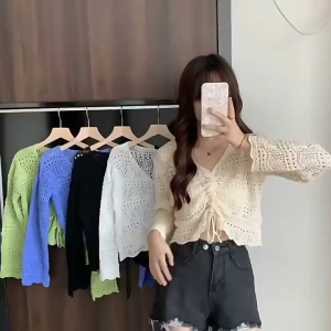 FASHLOVER Korean Style Hollow T-shirt Tops Simple Sweet V-neck Long Sleeves Knitted Bottoming Blouse for Women