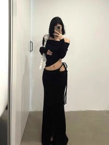Black Spicy Girl Style One Shoulder Long Sleeve Knitted T-Shirt Womens Autumn Winter Pure Desire Belted Long Skirt Slim Fit Half Body Skirt