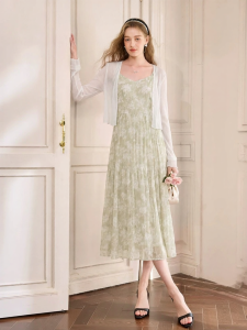 XIANGYING | Green Floral Halter Dress Set Two-Piece