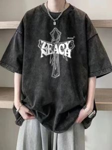 Washed Vintage Short Sleeve T-Shirt Mens Trendy Brand INS Summer New American Retro Loose Half Sleeve Body Pure Cotton Top