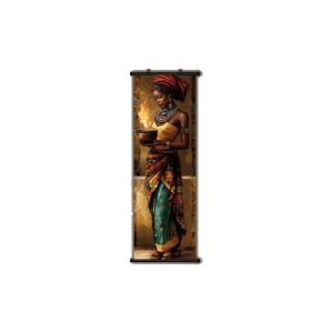 VIKAMA African Woman Lantern Wall Tapestry Colorful Dress Gold Jewelry Flame Portrait Oil Painting Scroll Art Home Decor Unique