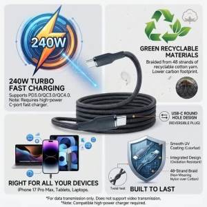 Cáp Sạc Siêu Nhanh 240W Type C To Type C Dành Cho iPhone 17/16/15 Xiaomi Samsung - Tốc Độ Truyền Dữ Liệu Được Tăng Cường - Cáp Điện Thoại Di Động
