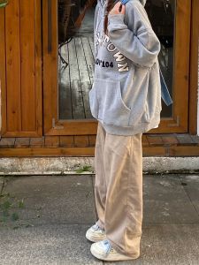 Khaki Workwear Pants Women Spring Autumn Loose Casual Straight Leg Wide Leg Pants Japanese Style High Waist Long Cotton Blend