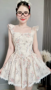 Đầm tiểu thư đi tiệc đầm thiết kế dạ hội ngắn xòe in hoa nhí xinh tay cánh tiên chiết eo phối Ren dễ thương