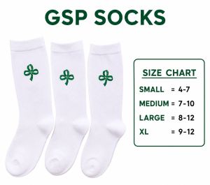 GSP Socks White with Green Clover Design Size Chart Small 4-7 Medium 7-10 Large 8-12 XL 9-12 Scouting Accessories School Uniforms