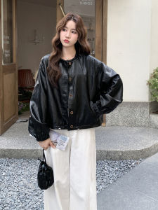 Black Biker Jacket Womens Fashionable Retro Hong Kong Style Sweet Cool Style Casual Loose Fit Long Sleeve Polyester Leather Coat