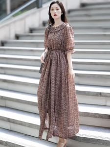 Elegant Long Silk Chiffon Bell Sleeve Printed Dress Single Button High Waist A-Line Summer Dress Ladylike Commute Style
