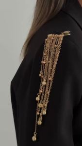 Ingemark Elegant Long Tassel Metal Chain Round Beads Pendant Brooch for Women Retro Pin Suit Clothing Accessories Jewelry Gifts