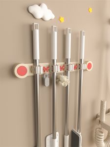 Dopamine Suction Cup Mop Holder Bathroom Wall Mounted No Drilling Long Bar Mop Clamp Storage Rack Household Organization Tools