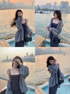 เสื้อคาร์ดิแกนถักนิตติ้งลายลูกไม้สีเทาสะท้อนแสง ACHI สำหรับผู้หญิง แขนยาว ทรงหลวม ปกโปโล ฤดูใบไม้ร่วง 2025