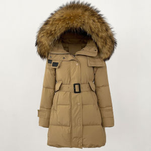 Áo Khoác Phao Nữ Có Mũ Lông Thú Thật Dày Dặn Ấm Áp Màu Trắng Lông Vũ Vịt Có Dây Điều Chỉnh Eo Cổ Lông Cáo/ Gấu Trúc Khóa Kéo