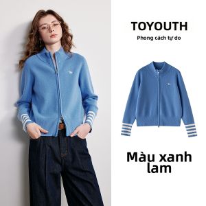Toyouth | Áo Cardigan Knit Thêu Ngựa Sọc Có Zip Mới Thu
