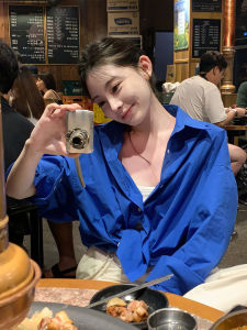 Klein Blue Korean Casual Commute Shirt Women Summer High-End Simple Slimming Top Straight Cut Long Sleeve Polo Collar