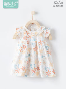 Princess Style Floral Print Cotton Dress for Girls Lightweight Summer Clothes Short Sleeve A-Line Skirt Breathable  Style