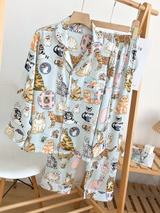 Ice Silk Long Sleeve Sleepwear Womens Spring Autumn Cute Cartoon Cat Home Clothes Comfortable Pyjamas Scandinavian Style