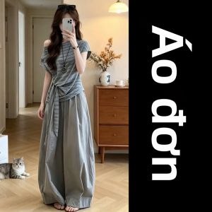 Y6Y | Bộ Quần Áo Phong Cách Thư Giãn Dây Kéo Vai Sọc