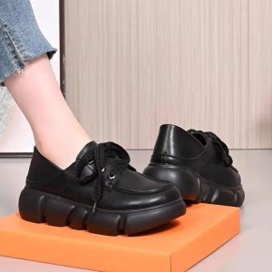 รองเท้า Loafers หนังแท้ทรงหัวใหญ่ ทรงสูง ส้นหนา รองเท้าส้นแบนสไตล์อังกฤษ รองเท้าหนังขนาดเล็ก รองเท้าแฟชั่นสำหรับผู้หญิง