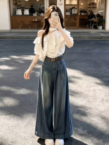 LIRUSHAN | White Ruffle Halter Top & Denim Shirt Set Women