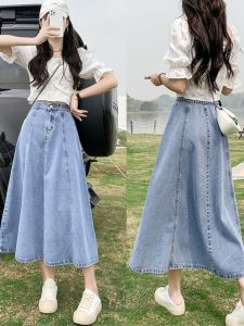 High Waist A-Line Mini Skirt Womens Denim Skirts Spring Summer New Style Cover Hip Elastic Waist Half-length Skirts