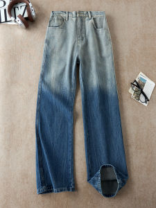 OUMULONG | American Gradient Lightening Stripe Denim Jeans Breathable Loose Fit Straight Pants