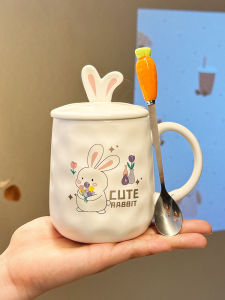 Cute Rabbit Ceramic Mugs with Lid Office Home Use Womens Lovely Cup New Model 2025 Cartoon Element Handmade Chinese Style