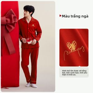yuenei | Bộ đồ ngủ cotton màu đỏ cho cặp đôi mới cưới Bộ đồ mặc nhà thoải mái thoáng khí cho nam và nữ mùa xuân thu
