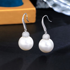 CWWZircons Shiny White Cubic Zirconia Paved Big Dangle Drop Pearl Hook Earrings Female Fashion Party Jewelry Accessories CZ594