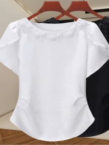 Summer New Womens Short Sleeve T-Shirt Embroidered 3D Design Loose Slimming Large Size Casual round Neck Top