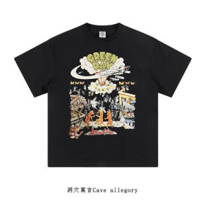 Cave Fable American Retro Green Day Punk Rock Band Pure Cotton Printed Short Sleeve T-Shirt Men Casual Loose Fit round Neck