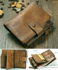 MUNUKI Luxury Vintage Genuine Leather Wallet For Men Trifold Purse Vertical Short Money Bag with Card Holder Zipper Coin Pocket Brown WC001