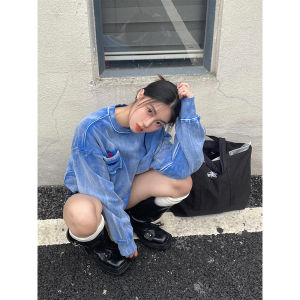 Crazy Ladys American Street Style Distressed Heavy round Neck Sweatshirt Womens New Lazy Loose Top Fashion Casual Wear