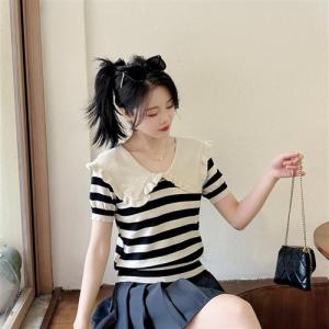 Chic Summer Vintage Anti-Aging Doll Collar Loose Versatile Casual Color Block Short Sleeve Striped Knitted Top for Women