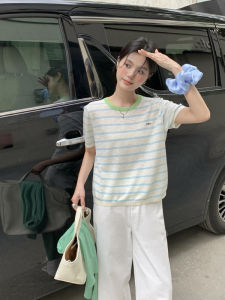 Summer 2025 Womens Slim Fit Short Sleeve Knitwear Color Block Casual Style Sweet Striped Back Button round Neck Top