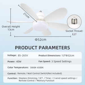 40W LED Indoor Ceiling Fans Light Remote Control Ceiling Fan Lights for Bedroom Living Room Ceiling Fan Lights E27 Light Bulb