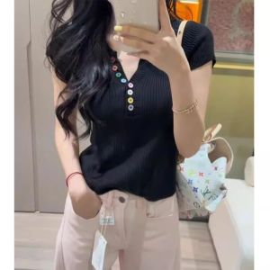 HUOLISI | Colorful Button V-neck Short Sleeve Slim Fit Beautiful Knit Top