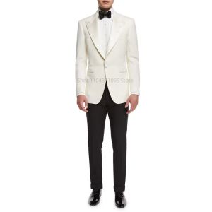 Elegant Slim Fit Ivory Men Suit 2 Piece Prom Party Dinner Tuxedos Wedding Business Suit Shawl Lapel One Button Blazer With Pants