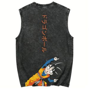 Bandai | Harajuku Dragon Ball Goku Gym Vest Summer 2026 Anime Print Mens Tank Tops Y2k Vintage Wash Casual Sleeveless Shirts Streetwear