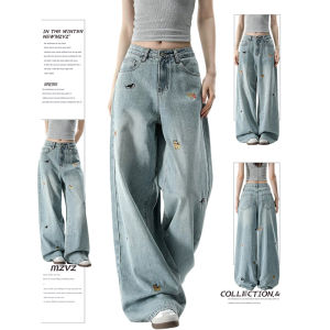 MZVZ | Quần Jeans Thêu Xanh Dáng Rộng Ống Đứng Cao