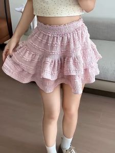 กระโปรงสั้นสีขาวสไตล์บัลเล่ต์ผู้หญิงฤดูร้อน 2024 กระโปรงเอวสูงลูกไม้กระโปรงทรงเอใหม่